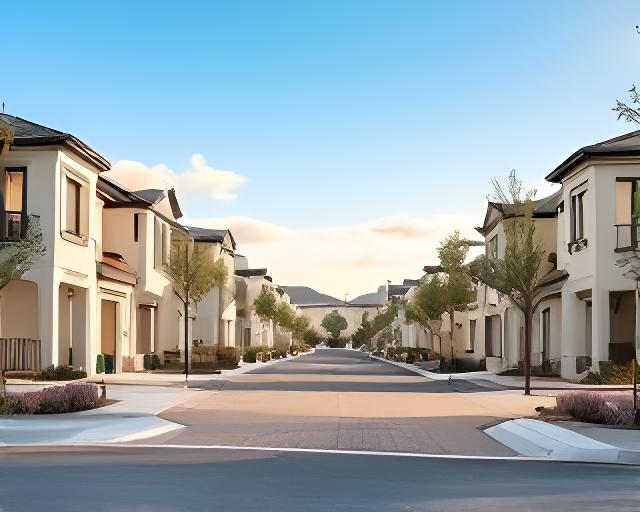 Conjunto de viviendas terminadas en un barrio residencial con calles internas y frentes prolijos