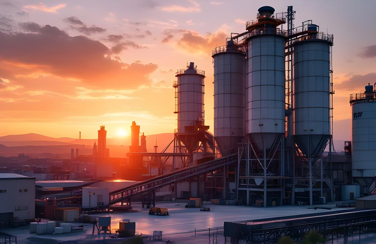 Vista amplia de la planta de cemento al atardecer, con silos, tolvas y cintas transportadoras en funcionamiento
