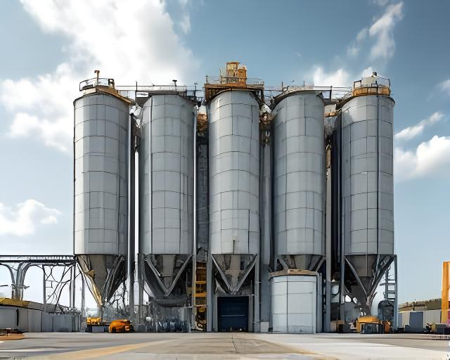 Planta de silos industrial con estructuras de hormigón y circulación logística en un predio abierto
