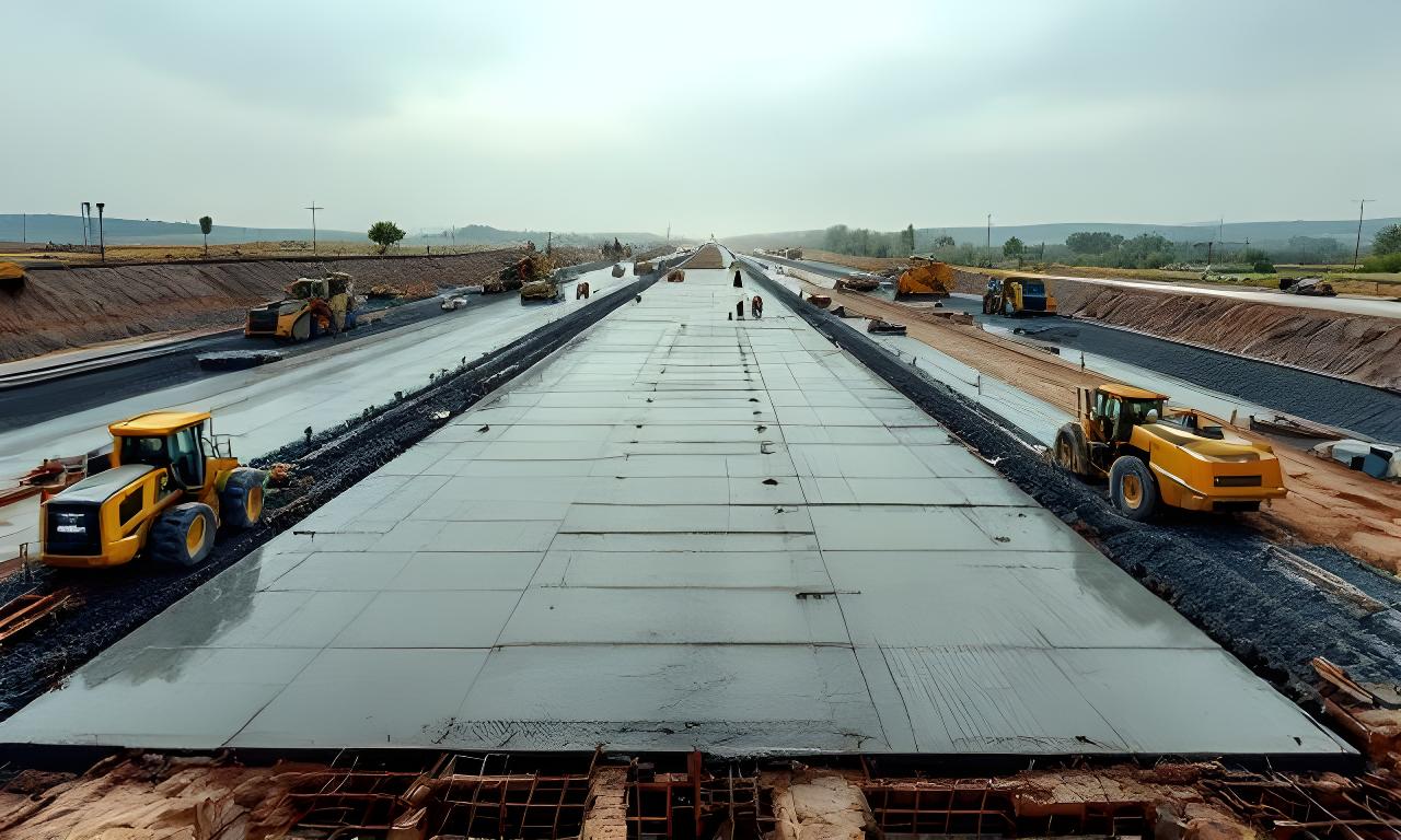Vista panorámica de una obra vial con equipos trabajando sobre una base de cemento en una ruta de la región pampeana