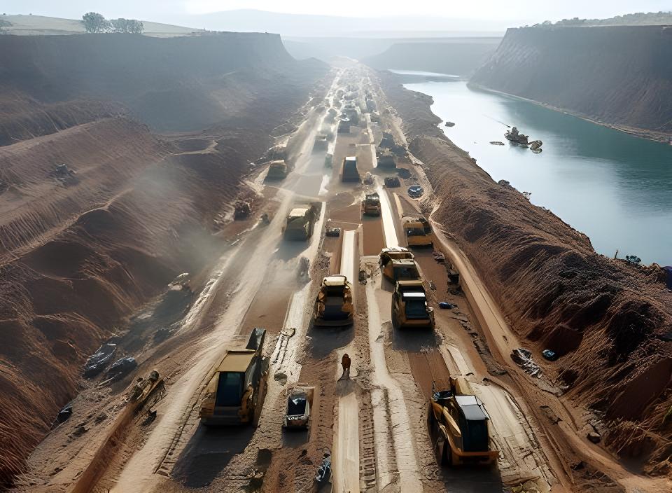 Canal de obra hidráulica junto al Río Colorado con movimiento de suelos y equipos de gran porte