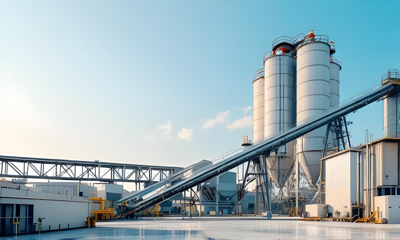 Silos de cemento y faja transportadora en una planta industrial moderna con cielo despejado