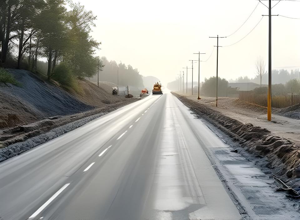 Ruta pavimentada con maquinaria y personal de obra durante la ejecución del tramo cerca de Pedro Luro