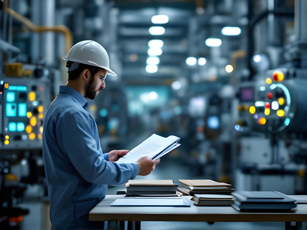 Operaria revisando documentación en una planta industrial luminosa con tableros de control y carpetas ordenadas